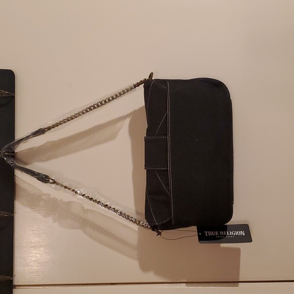 True religion denim handbag dark blue with gold stitching. 11.78w 7.5in h. - Picture 5 of 8